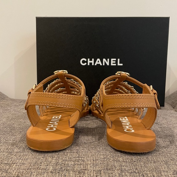 Chanel Light Brown Gladiator Sandals with Gold Chains - Picture 7 of 11